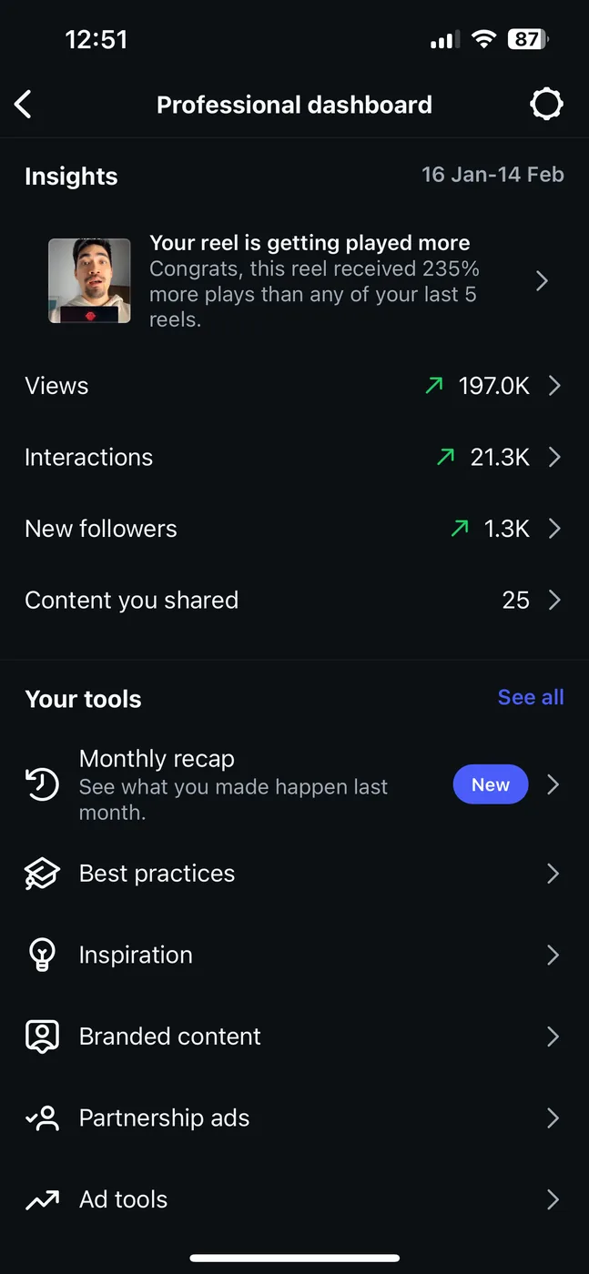 Instagram professional dashboard insights