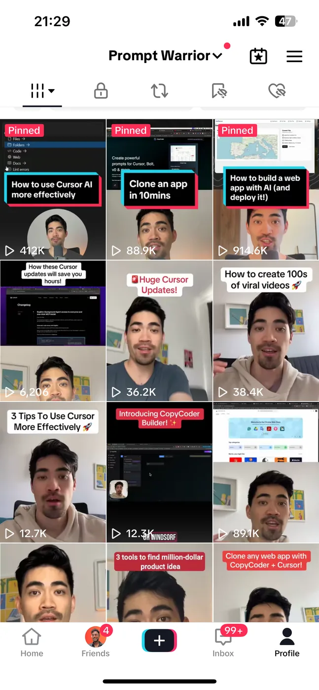 TikTok profile showing average video views