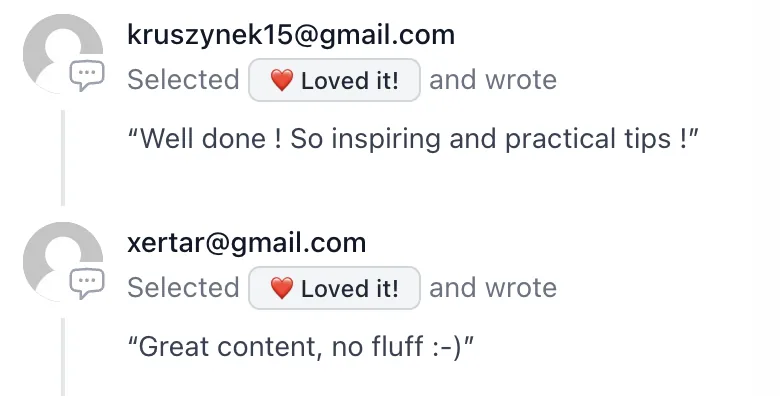 Newsletter feedback: 'Well done! So inspiring and practical tips!', 'Great content, no fluff'