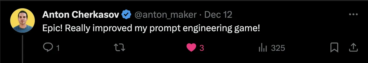 X reply: 'Epic! Really improved my prompt engineering game!'