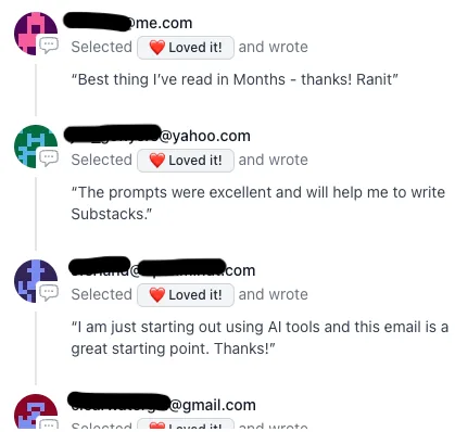 Newsletter feedback: 'Best thing I've read in months', 'The prompts were excellent'