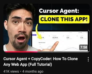 YouTube video: Cursor Agent + CopyCoder — how to clone any web app