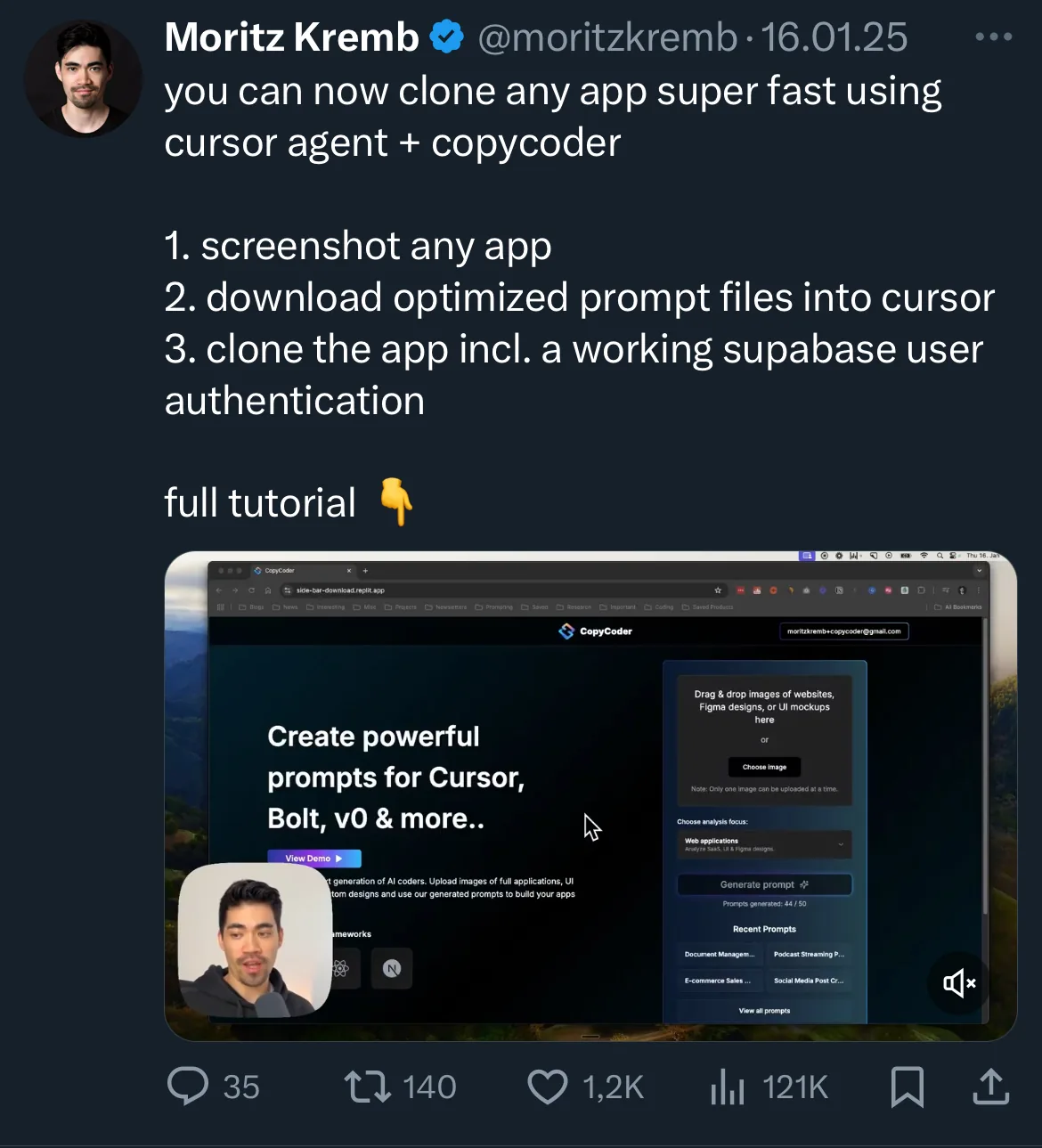 X post about cloning any web app with Cursor Agent and CopyCoder